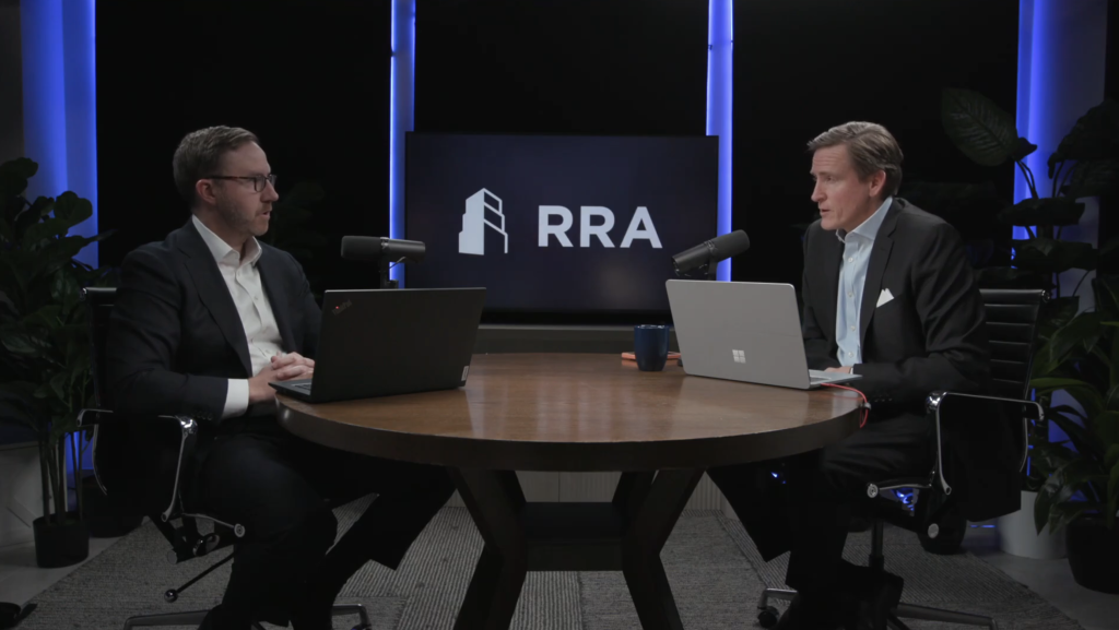 Boots on the ground podcast for rra capital filmed at asl studios in the podcast studio wtih custom setup, brown table and blue background lights.